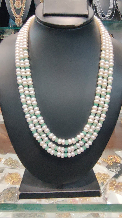 Pearls with light green emrald qarwing beads jewellery