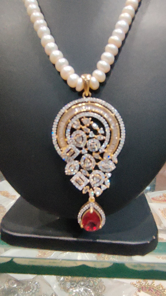 Single line pearls set with cz locket set